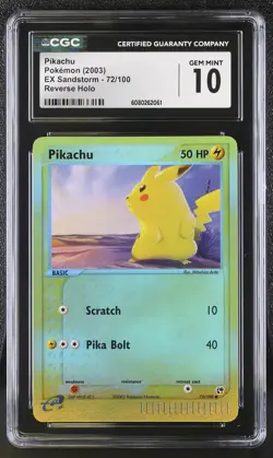 CGC 10 GEM MINT Pikachu 2003 EX Sandstorm 72/100 Reverse Holo Pokemon Card - Image 1