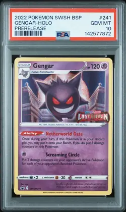 PSA 10 Gengar SWSH241 Lost Origin Stamped Promo Holo PRERELEASE Pokemon Card - Image 1