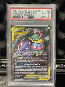 2019 Pokemon Sun & Moon Unbroken Bonds #197 Muk & Alolan Muk GX PSA 10 Gem Mint - Image 1