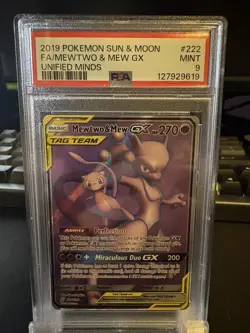 2019 Pokemon Sun & Moon Unified Minds #222 FA/ Mewtwo & Mew Gx PSA 9 MINT - Image 1