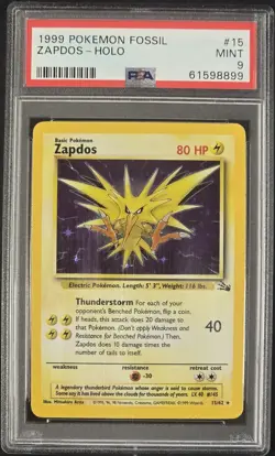 1999 POKEMON FOSSIL #15 ZAPDOS-HOLO PSA 9 - Image 1