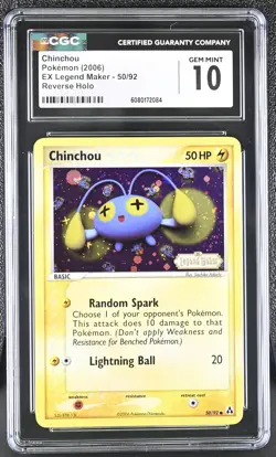 CGC 10 Chinchou 2006 EX Legend Maker 50/92 Reverse Holo Stamped Pokemon Card - Image 1