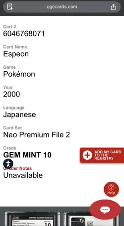 CGC 10 GEM MINT - ESPEON - NEO PREMIUM FILE 2 - POKEMON 2000 #196 - Pop. 51 - Image 4