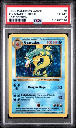 PSA 6 Pokemon Base Set 1st Edition Shadowless Holo Rare Gyarados 6/102 - Image 1
