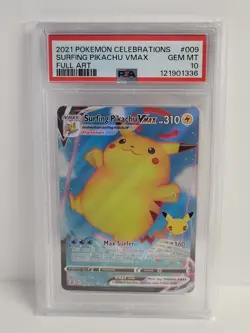 2021 POKEMON SWSH CELEBRATIONS #009/025 SURFING PIKACHU VMAX FULL ART PSA 10 - Image 1