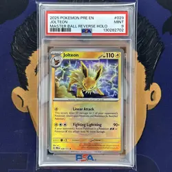 PSA 9 MINT 2025 Pokemon Prismatic Evolutions JOLTEON #029 Master Ball Reverse - Image 2