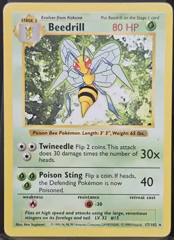 Pokemon Beedrill 80 HP Rare Base Set Shadowless 17/102 Regular Wizards Card 1999 - Image 1