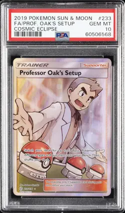 2019 POKEMON SUN & MOON COSMIC ECLIPSE FULL ART/PROFESSOR OAK'S SETUP PSA 10 - Image 1