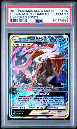 2019 POKEMON SUN & MOON UNBROKEN BONDS #107 GRENINJA & ZOROARK GX PSA 10 - Image 1