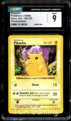 CGC 9 MINT Pikachu 58/102 SHADOWLESS Base Set Pokemon Card 194 - Image 1