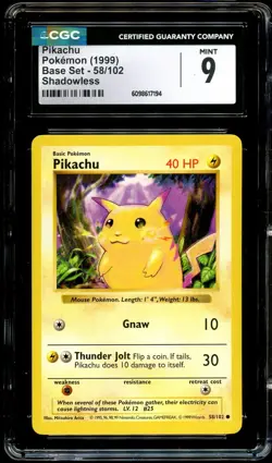 CGC 9 MINT Pikachu 58/102 SHADOWLESS Base Set Pokemon Card 194 - Image 2