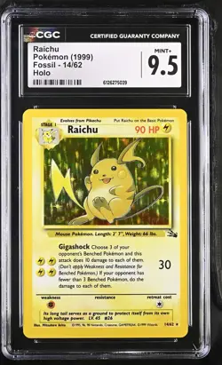 CGC 9.5 MINT+ Raichu 1999 Fossil 14/62 Holo Pokemon Card - Image 1