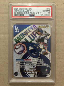 PSA 10 GEM MINT Monkey.D.Luffy (010) (Dodgers x ONE PIECE) EB02-010 - Image 1