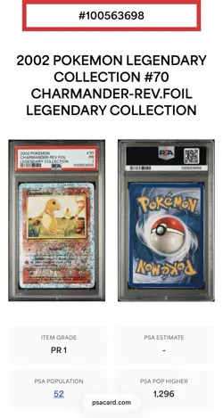 PSA 1 Charmander Rev.Foil 2002 Pokemon Legendary Collection 70/110 Pokemon Card - Image 3