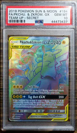PSA 10 2019 POKEMON SUN & MOON TEAM UP | #184 FULL ART/PIKACHU & ZEKROM GX - Image 1