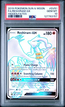 2019 POKEMON SUN & MOON HIDDEN FATES #SV51 FULL ART/RESHIRAM GX PSA 10 - Image 1