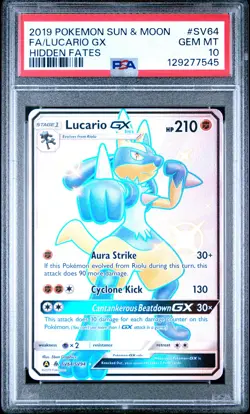 2019 POKEMON SUN & MOON HIDDEN FATES #SV64 FULL ART/LUCARIO GX PSA 10 - Image 1