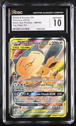 CGC 10 GEM MINT Eevee & Snorlax GX 2019 Black Star Promos SM169 Pokemon Card - Image 1