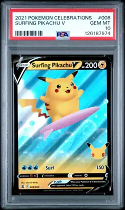 2021 POKEMON CELEBRATIONS #008 SURFING PIKACHU V PSA 10 - Image 1
