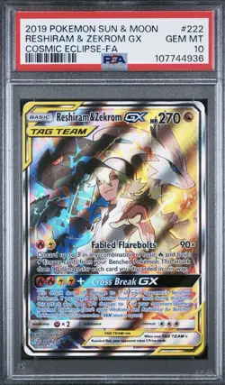 2019 POKEMON SUN & MOON COSMIC ECLIPSE #222 FULL ART/RESHIRAM & ZEKROM GX PSA 10 - Image 1
