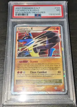 2007 Pokemon Mysterious Treasures Lucario LV.X Holo #122/123 PSA 7 – Ultra Rare - Image 1