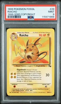 PSA 9 MINT Pokemon TCG Raichu Fossil 29/62 Regular 1999-2000 Wizards Copyright - Image 1
