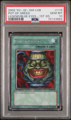 2002 YU-GI-OH! LOB-LEGEND OF BLUE EYES WHITE DRAGON 1ST ED POT OF GREED PSA 10 - Image 1