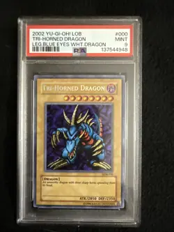 2002 Yu-Gi-Oh LOB Tri-Horned Dragon Leg. Blue Eyes White Dragon PSA 9 Mint - Image 1