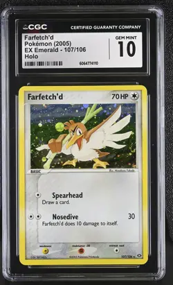 CGC 10 GEM MINT Farfetch'd 2005 EX Emerald 107/106 Holo SWIRL Pokemon Card - Image 1