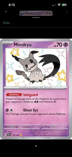 Pokemon Mimikyu SV: Paldean Fates Shiny Rare Holo Promo 160/091 70HP Safeguard - Image 1