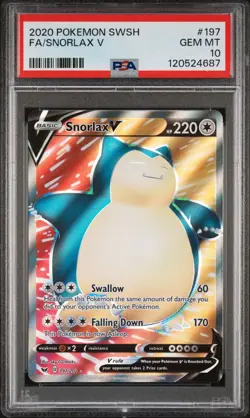 Pokemon PSA 10 GEM MINT Snorlax V 197/202 Sword & Shield Base Set Full Art - Image 1