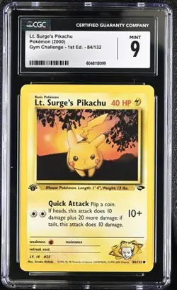 Lt. Surges Pikachu CGC 9 MINT Pokemon (2000) Gym Challenge 1st Ed. #84/132 - Image 1