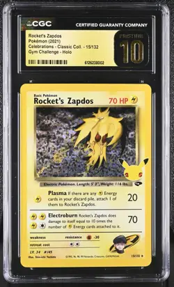 CGC 10 Pristine Rocket's Zapdos 15/132 2021 Pokemon Celebrations Classic Coll - Image 1