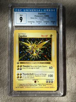 Pokemon 1999 Zapdos Base Set Shadowless 1st Edition 16/102 CGC 9 Mint - Image 1