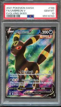 Umbreon V 188/203 Evolving Skies Full Art Rare PSA 10 Gem Mint Pokemon Card - Image 1