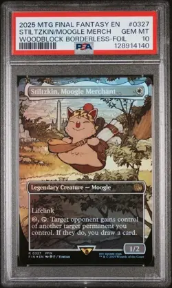 MTG FINAL FANTASY 0327 STILTZKIN, MOOGLE MERCHANT BORDERLESS FOIL PSA 10 - Image 1