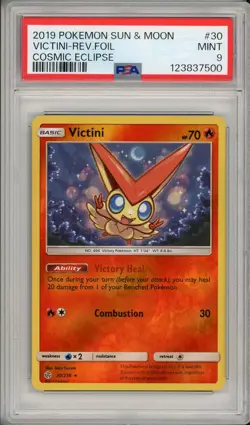 2019 Pokemon Sun & Moon Cosmic Eclipse Victini Reverse Holo Foil #30 PSA 9 - Image 1