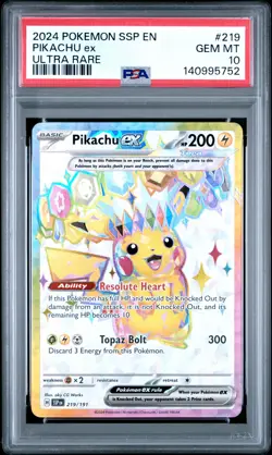 2024 POKEMON SSP EN-SURGING SPARKS ULTRA RARE #219 PIKACHU EX PSA 10 - Image 1