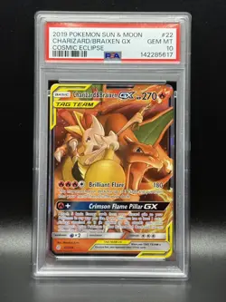 PSA 10 GEM MINT Charizard & Braixen GX 22 Cosmic Eclipse Pokemon Card - Image 1