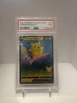 2021 Pokemon Celebrations #008 Surfing Pikachu V PSA 9 Card MINT - Image 1