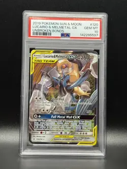 PSA 10 GEM MINT Lucario & Melmetal GX 120 Unbroken Bonds Pokemon Card - Image 1