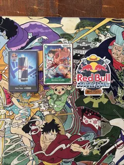 SEALED LUFFY RED BULL X ONE PIECE PRB02-005 PROMOTION CARD AND DOUBLE DON SET - Image 1