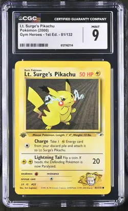CGC 9 MINT Lt. Surge's Pikachu Gym Heroes 1st Edition 81/132 Pokemon Card - Image 1