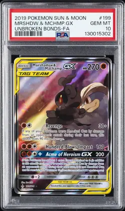 2019 POKEMON SUN & MOON UNBROKEN BONDS FULL ART/MARSHADOW & MACHAMP GX PSA 10 - Image 1