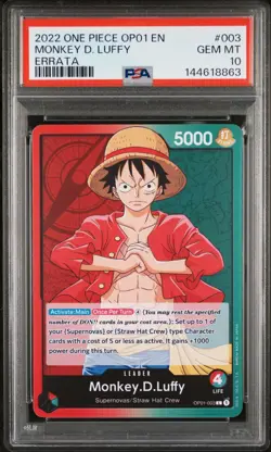 2022 ONE PIECE OP01-ROMANCE DAWN 003 MONKEY D. LUFFY ERRATA PSA 10 GEM MINT - Image 3
