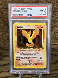 1999 POKEMON Card FOSSIL #12 MOLTRES Unlimited WOTC HOLO PSA 8 NM Vintage - Image 1