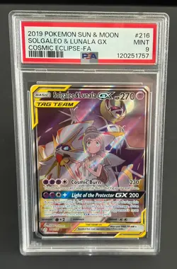 Pokemon Solgaleo & Lunala GX #216/236 Sun & Moon Cosmic Eclipse PSA 9 MINT - Image 1