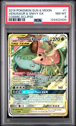 2019 POKEMON SUN & MOON COSMIC ECLIPSE #1 VENUSAUR & SNIVY GX PSA 8 - Image 1