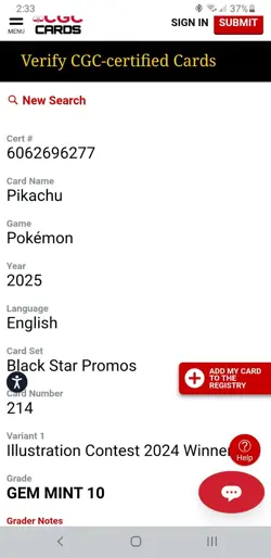 Pokemon CGC 10 Pikachu Black Star Promo Card 214 Illustration Contest 2024 - Image 4
