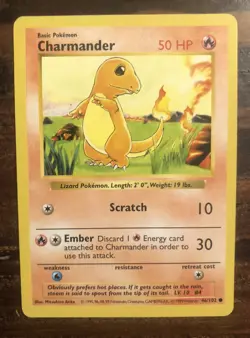 Pokemon Card Base 46/102 CHARMANDER Common Shadowless 1999 - Image 1